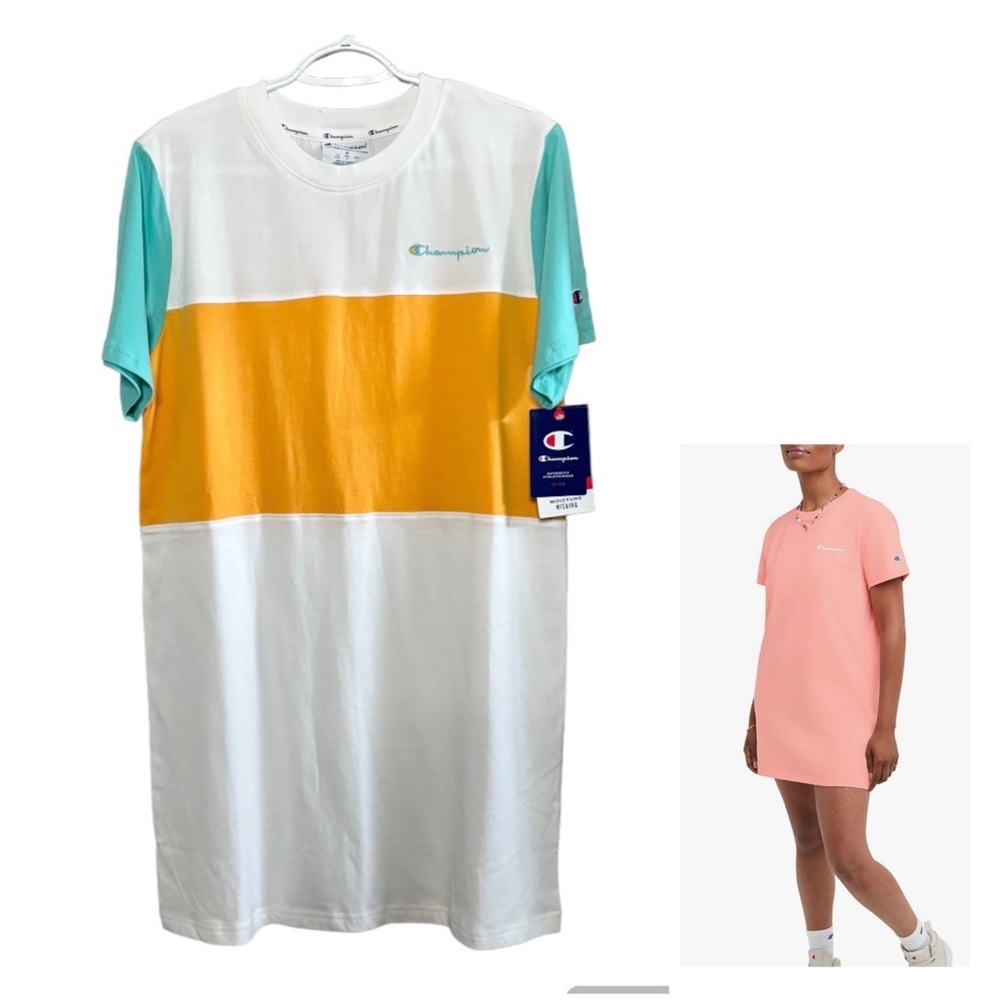 Champion T-Shirt Dress New Colorblock M Tee Jersey Dress White Teal Mustard